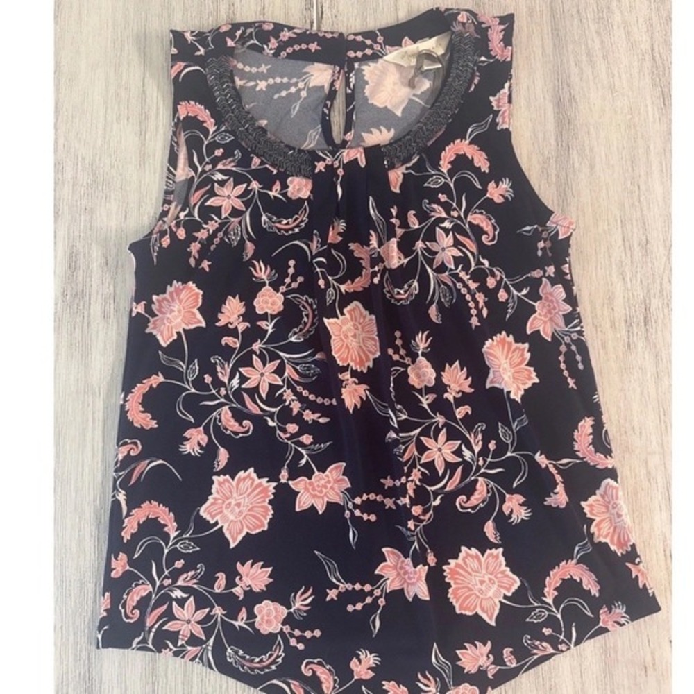 Magnolia Grace Amial‎ Beaded Neckline Knit Top Navy Pink Floral Petite Small NWT